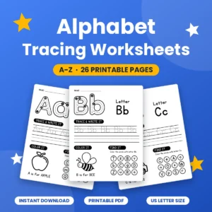 Alphabet tracing worksheets A-Z, 26 printable pages